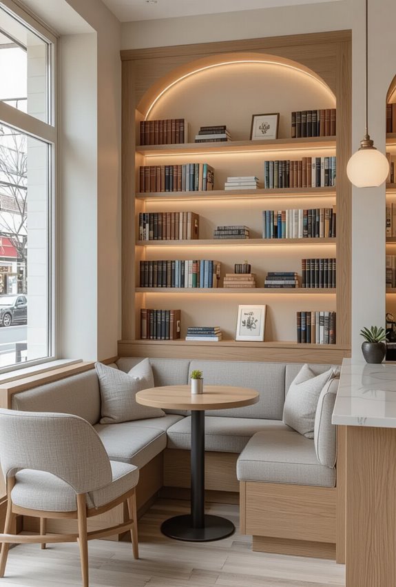 accent lit inviting bookshelf displays