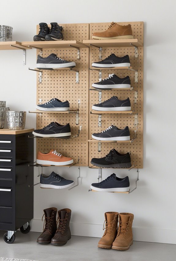 adjustable pegboard shoe storage