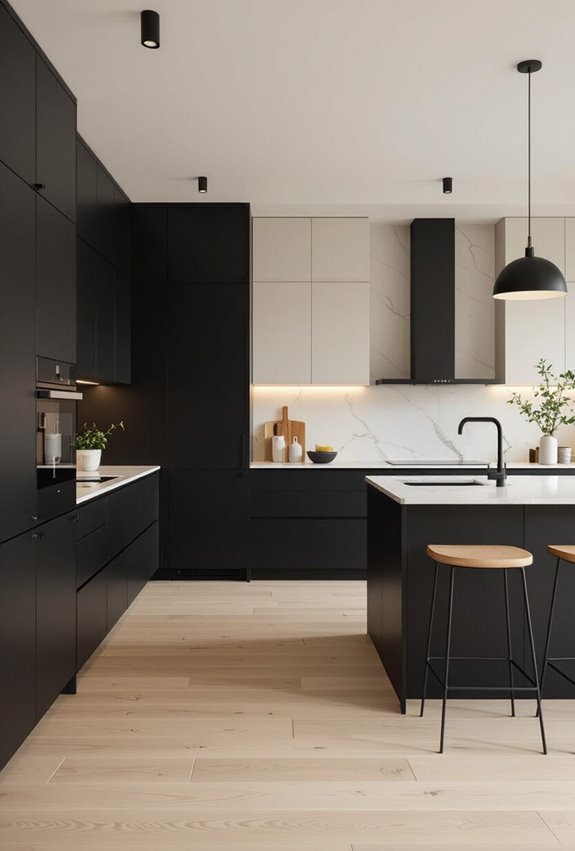 all black cabinets cream floors