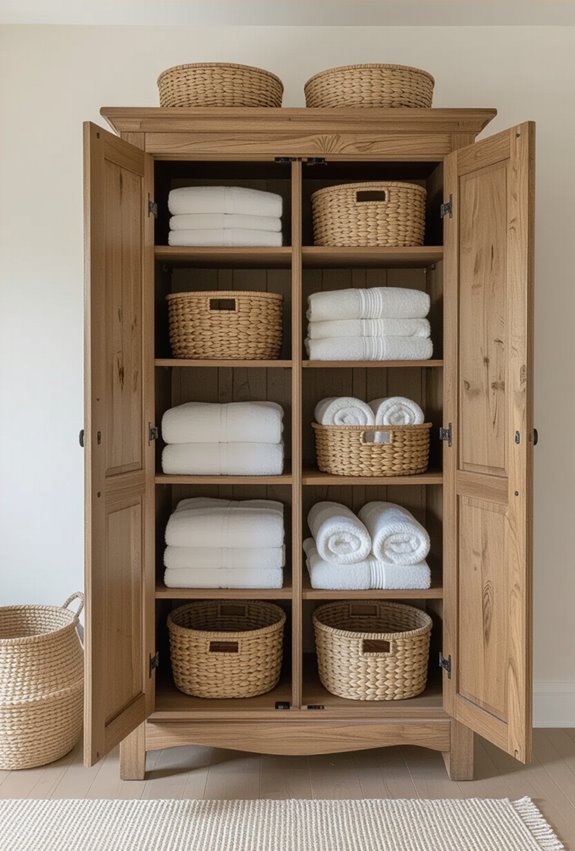 antique armoire turned linen closet
