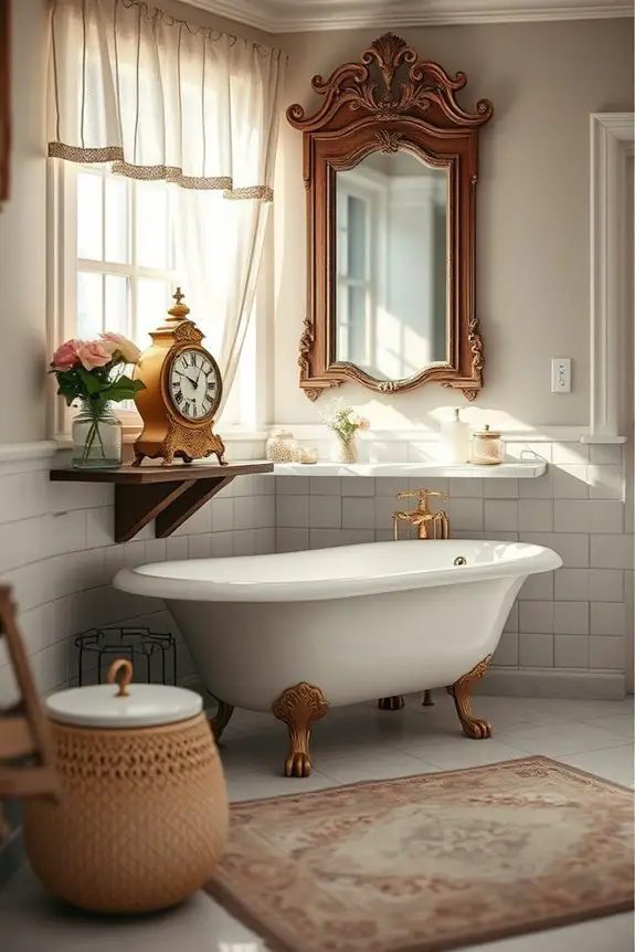antique clocks enhance bathroom decor