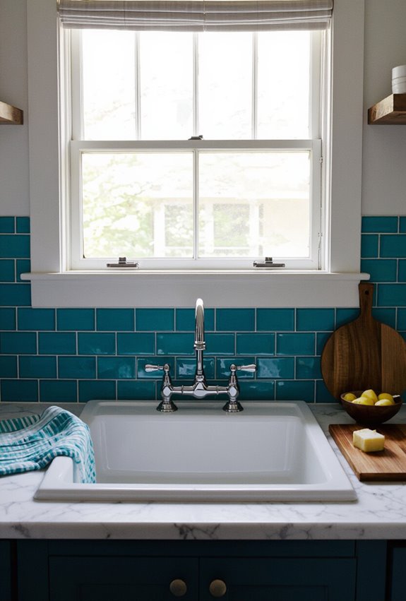 aquamarine subway tile backsplash