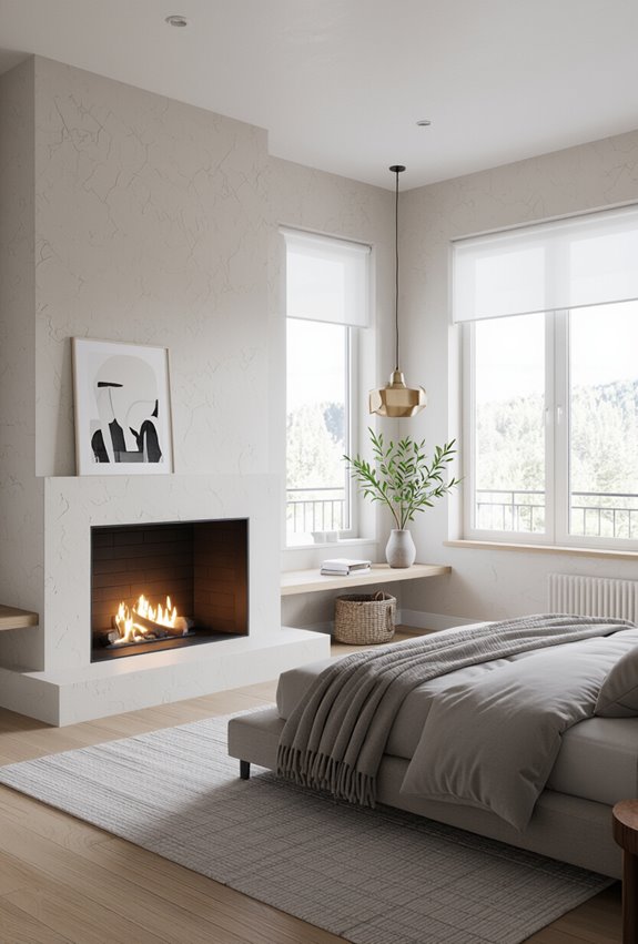 asymmetrically centered cozy fireplace centerpiece