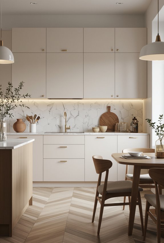 beige and white cabinets gold