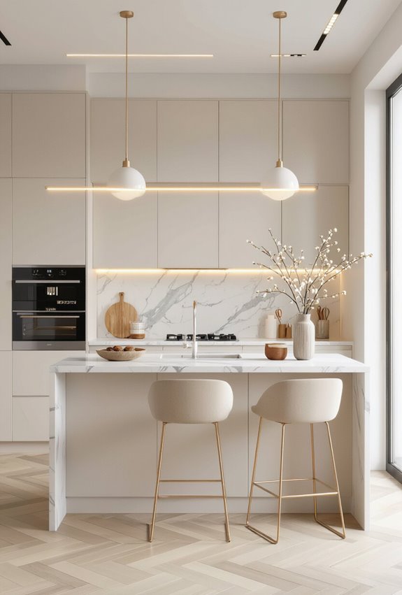 beige cabinets with gold leds