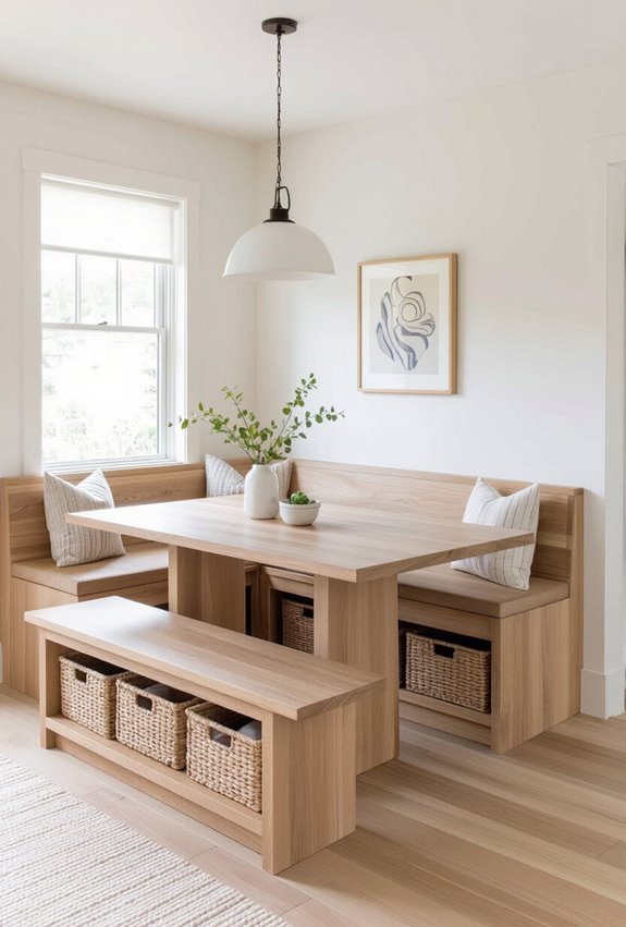 bench with storage baskets