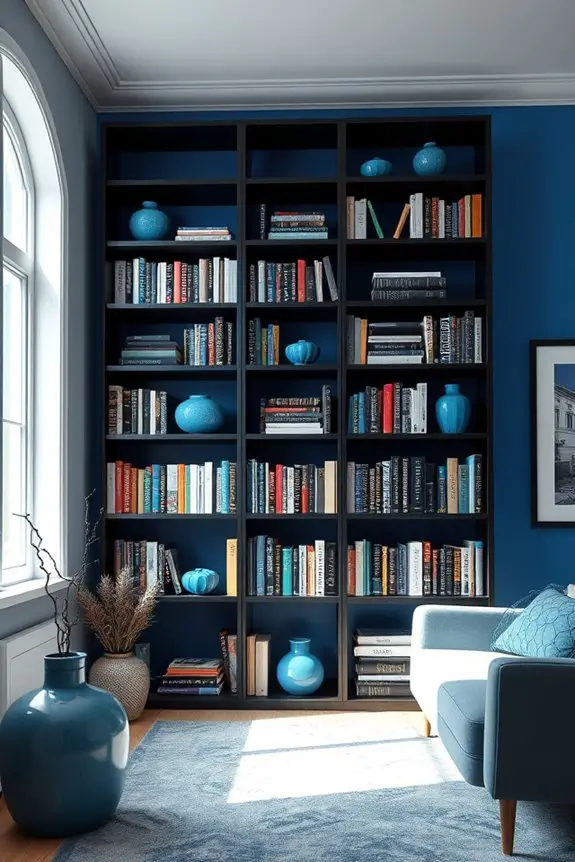 black bookshelves blue accents
