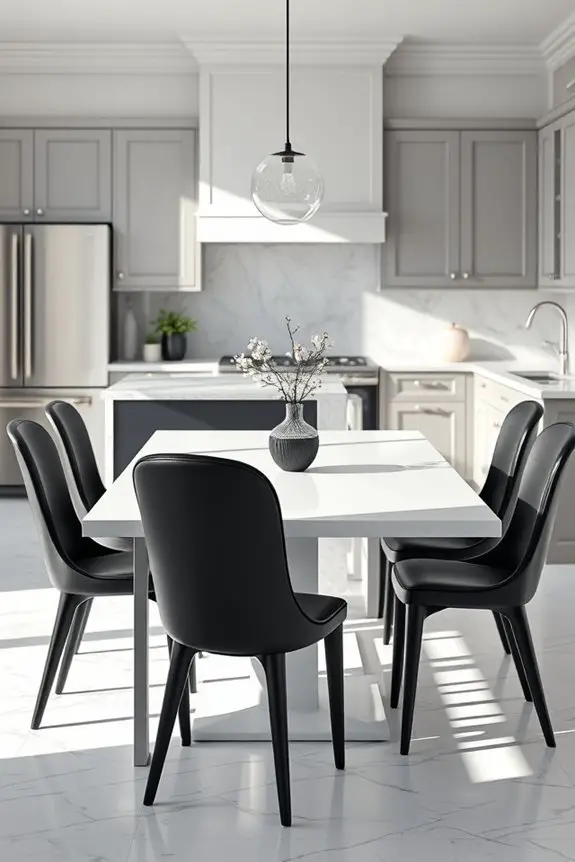 black chairs white table