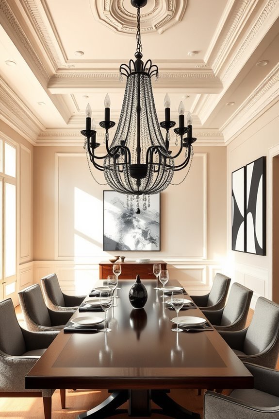 black chandeliers enhance artwork