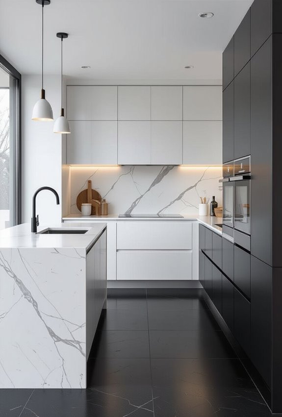 black floor anchors minimalist kitchen
