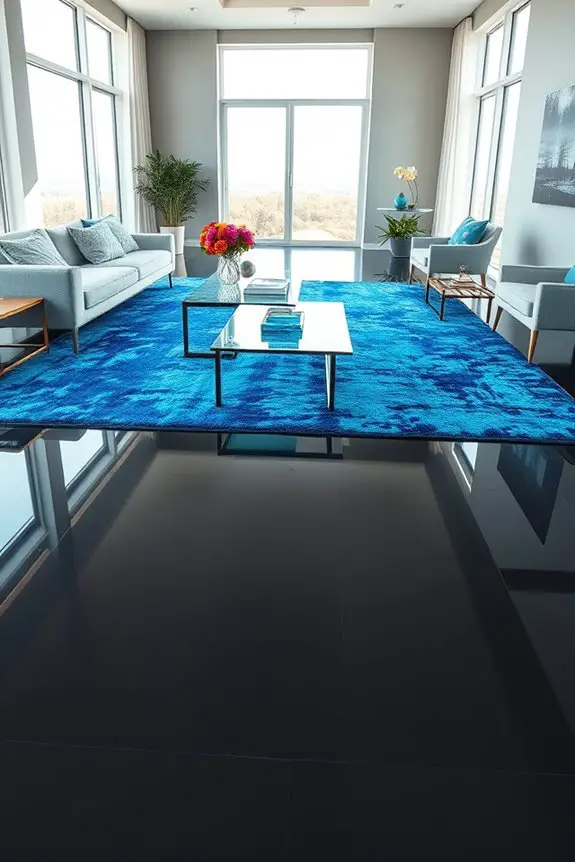 black flooring blue rugs