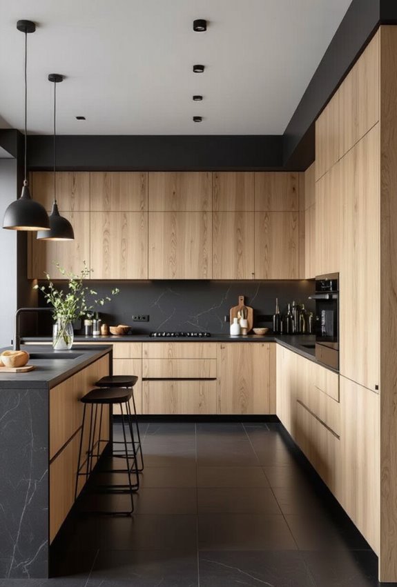 black floors walnut cabinets
