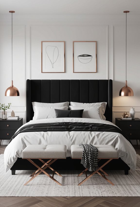 black headboard rose gold lamps