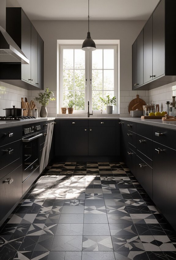 black patterned kitchen floor accents