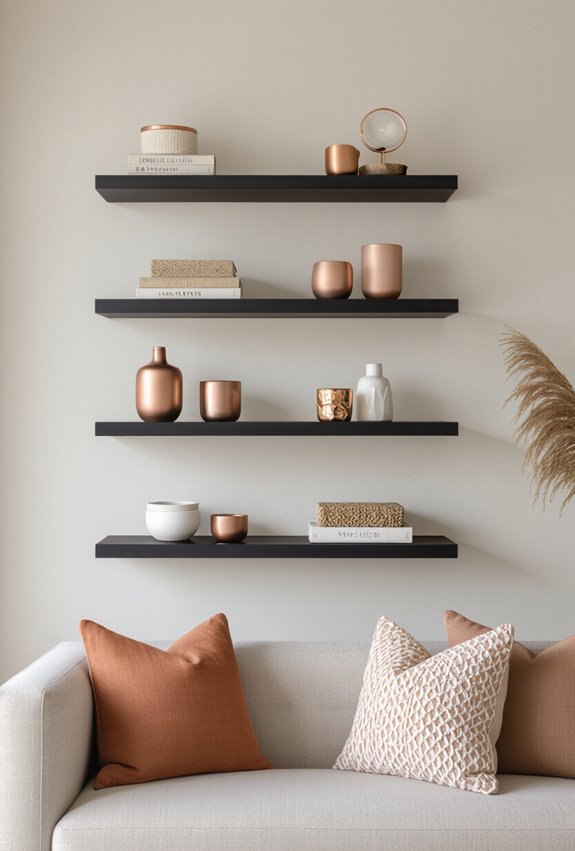 black shelves rose gold vignettes