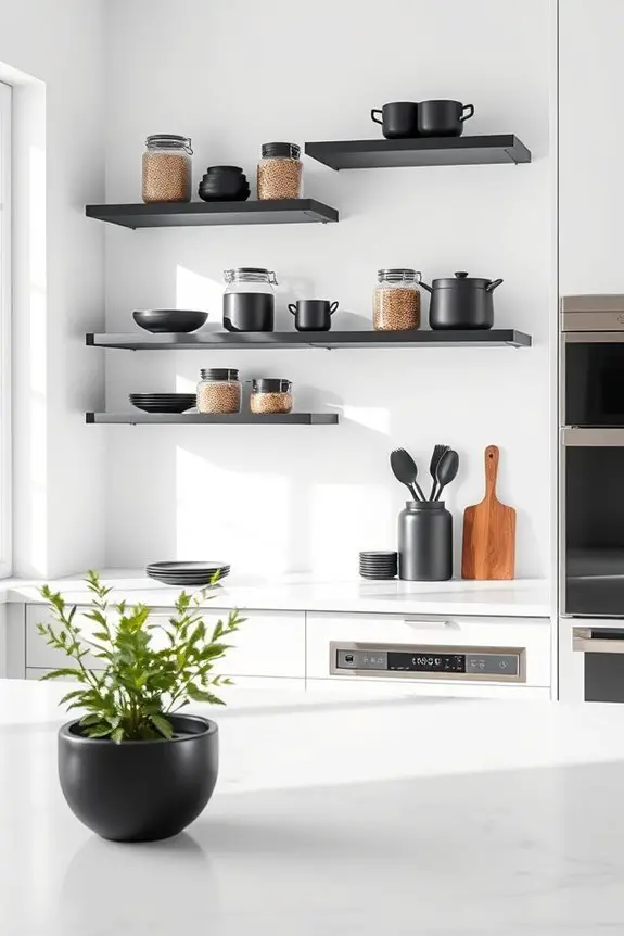 black shelves white walls