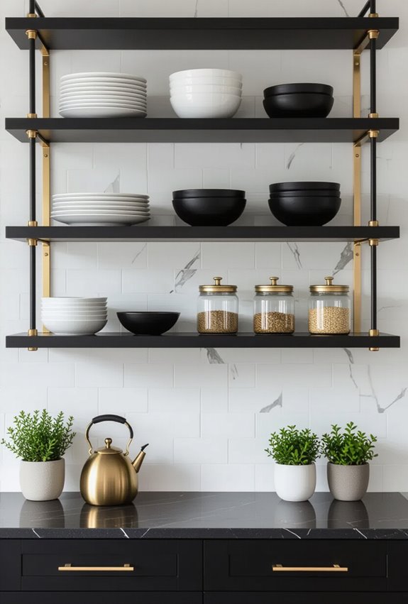 black shelves with gold brackets