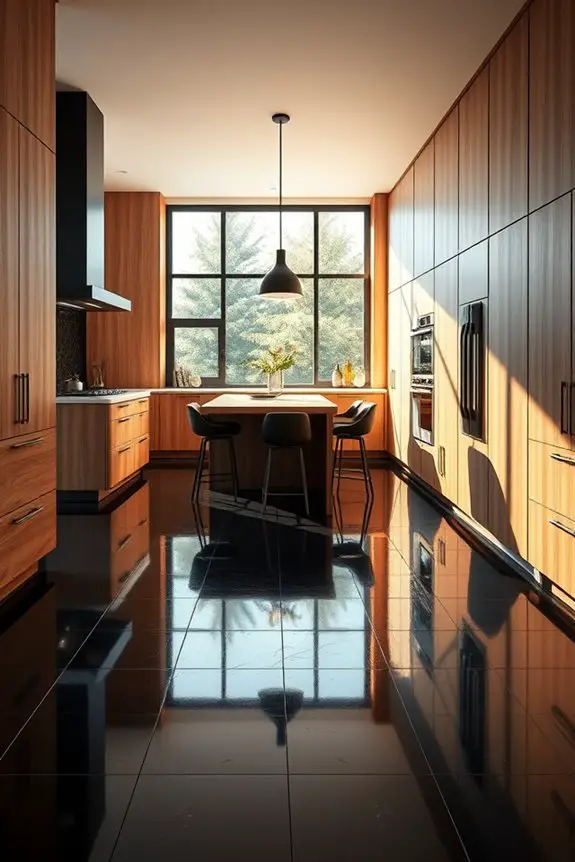 black tiles warm wood