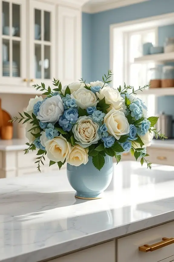 blue and cream blooms