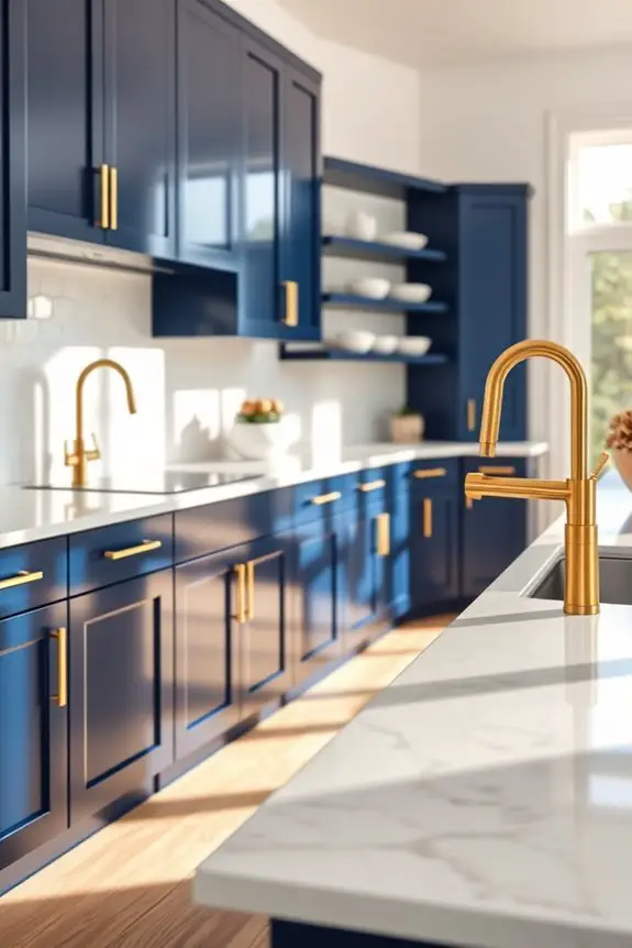 blue cabinetry gold fixtures