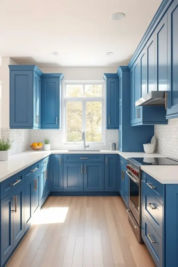 blue cabinetry white quartz