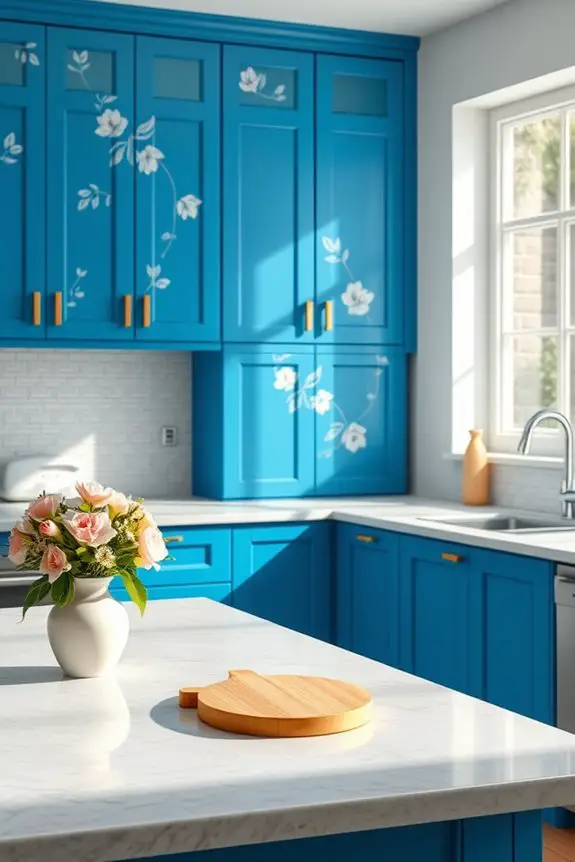 blue cabinets floral accents