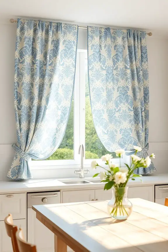 blue cream patterned curtains