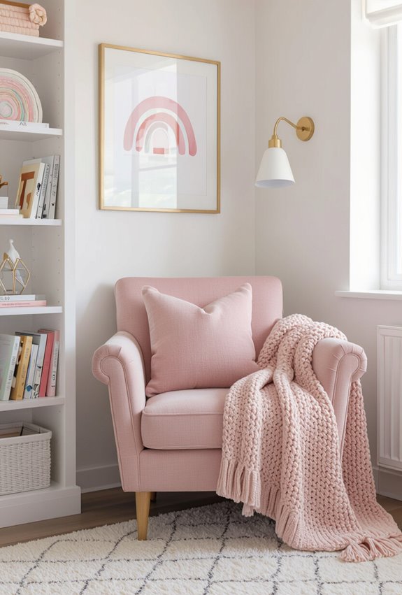 blush accented cozy reading corner
