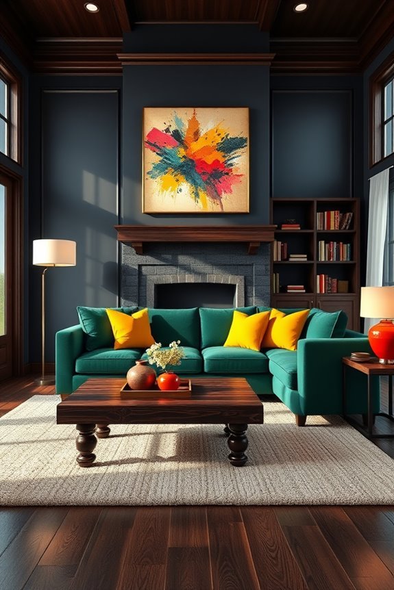 bold colors enhance dark wood