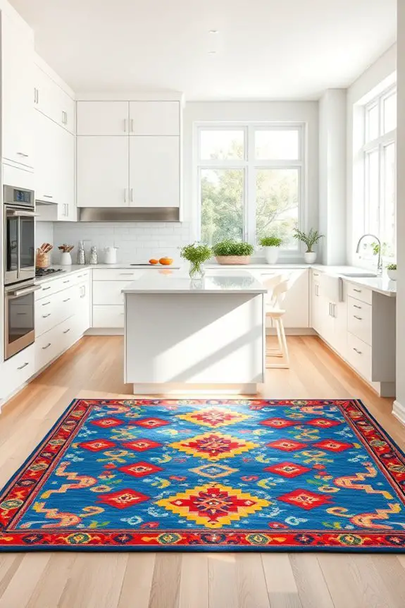 bold rugs define kitchen spaces