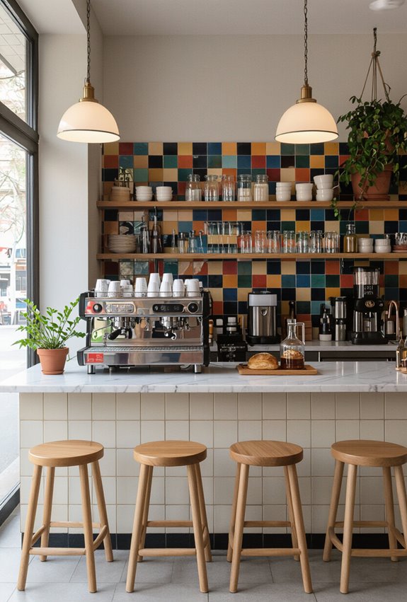 bold tiled mosaic behind counter