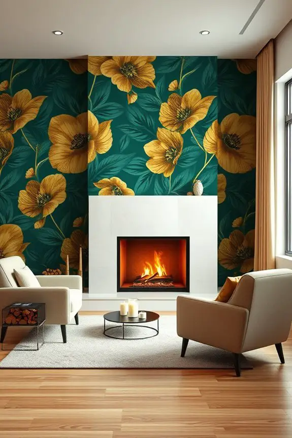 bold wallpaper enhances fireplaces