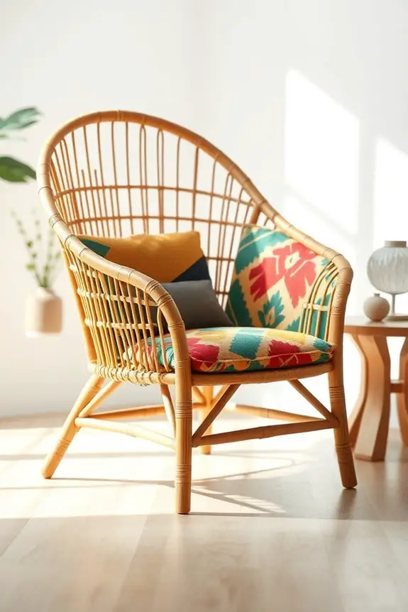 boldly upholstered bamboo chairs