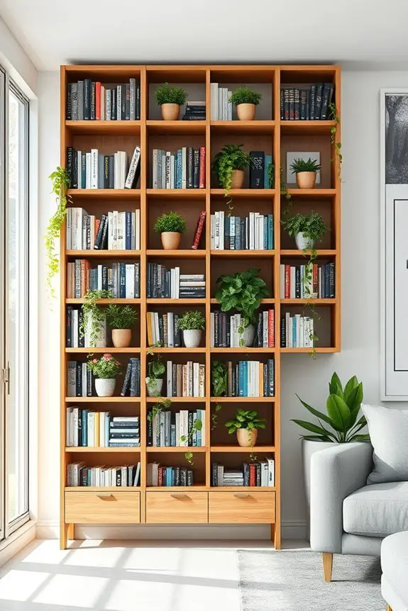 bookshelf with living plants