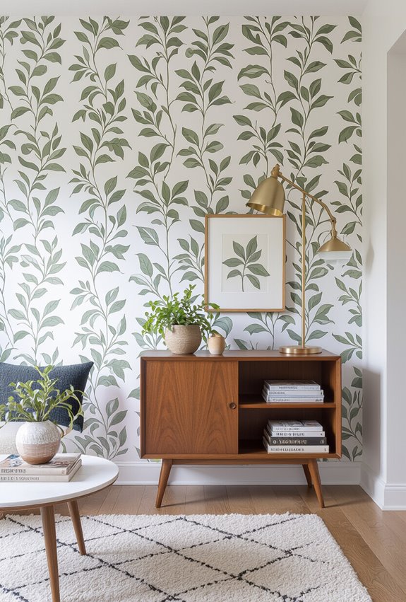 botanical leaf wallpaper for shelving