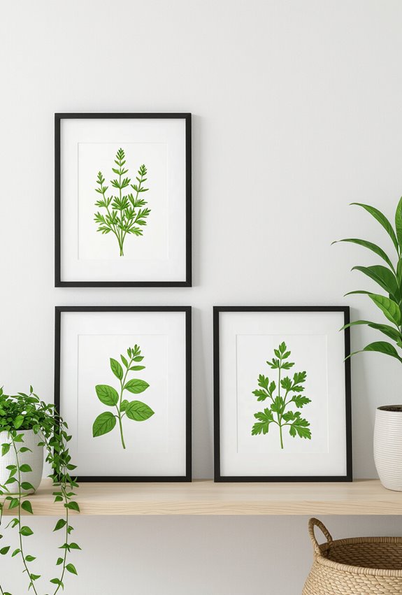 botanical prints with green highlights