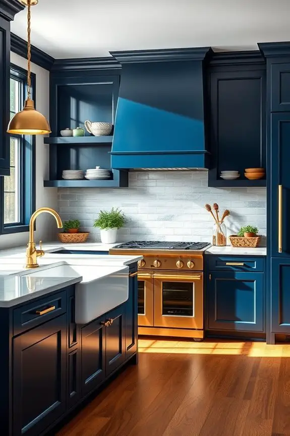 brass accents enhance blue