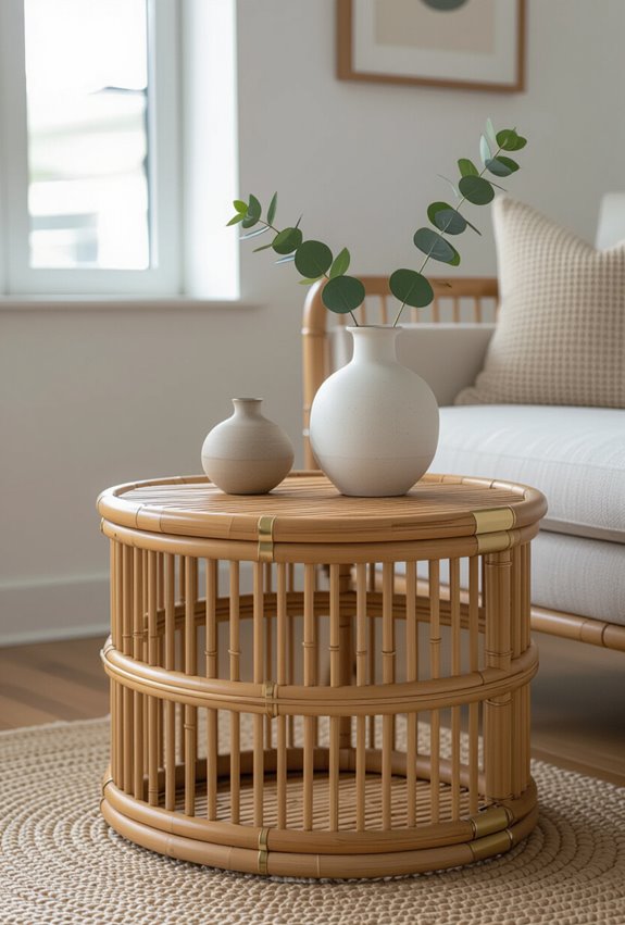 brass detailing enhances bamboo tables