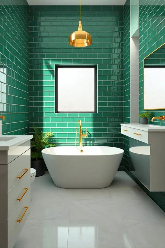 brass fixtures and green tiles