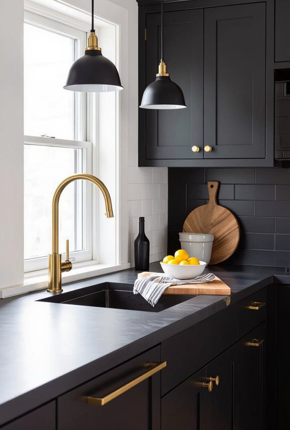 brass hardware warms dark cabinetry
