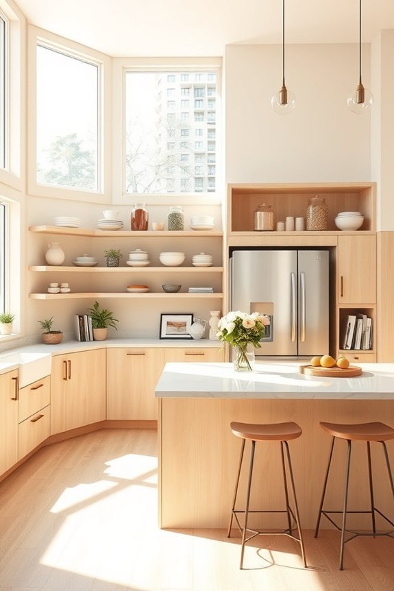 bright beige open shelving