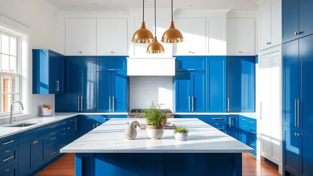 bright blue and white kitchens