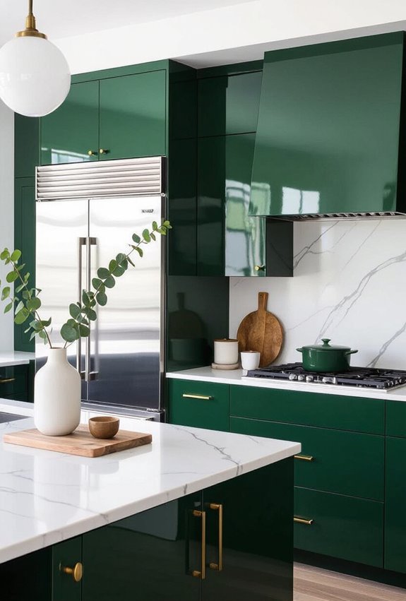 bright reflective green lacquered cabinets