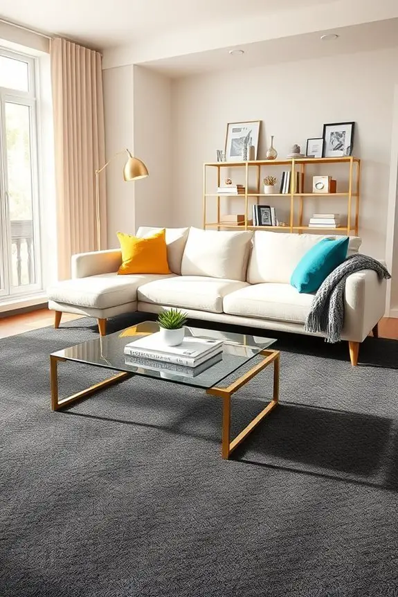 bright textiles enhance dark flooring