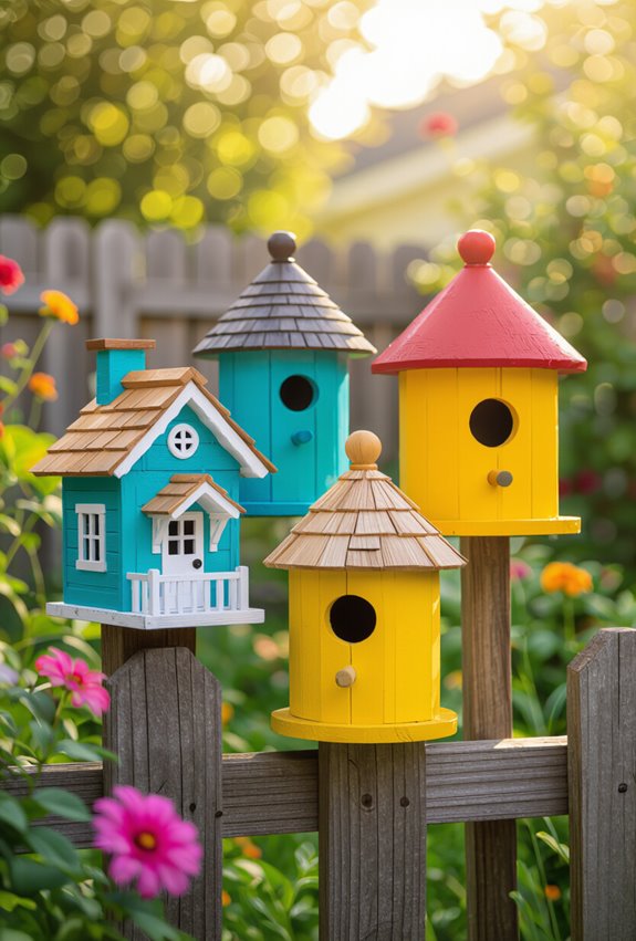 brightly painted birdhouses display