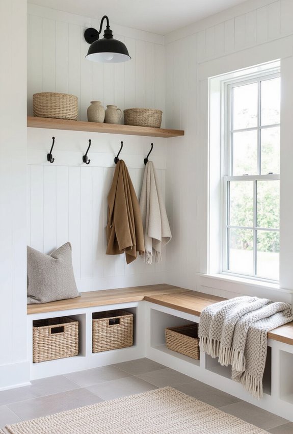 built in farmhouse mudroom storage