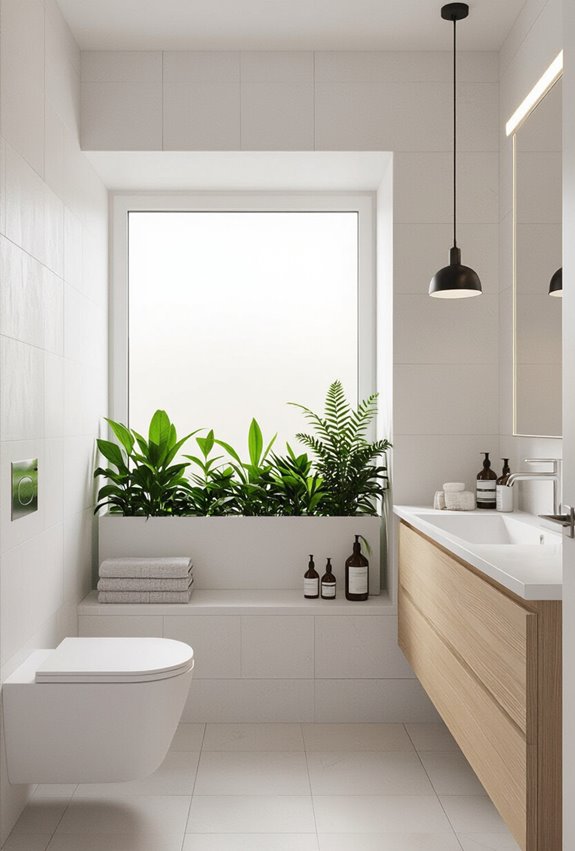 built in lush bathroom plant nook