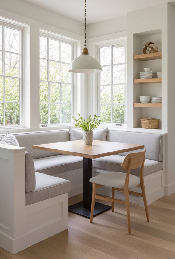 built in shelving display banquette