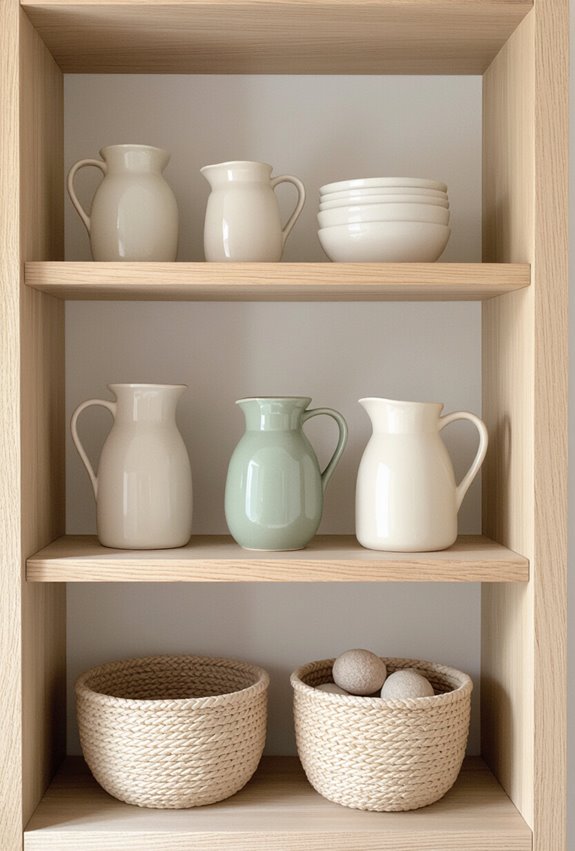 ceramic pitchers arranged seasonally