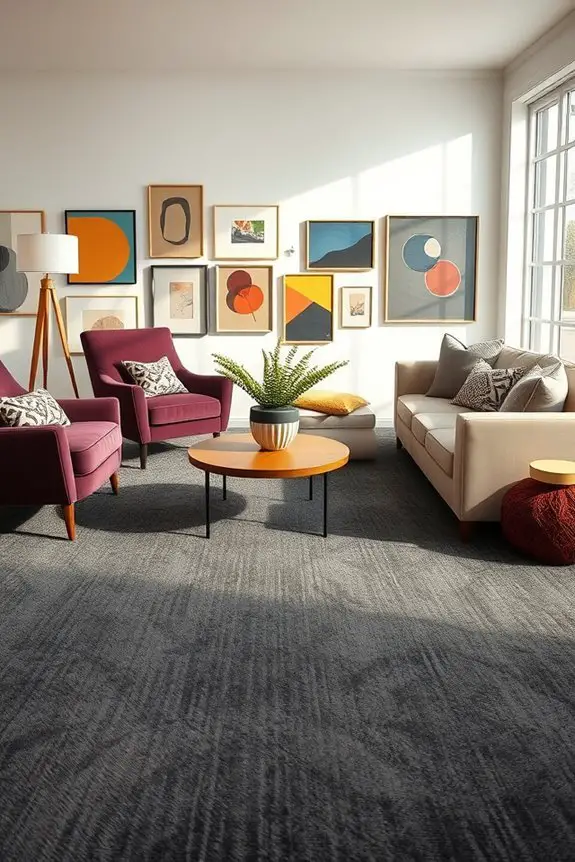 charcoal carpet enhances eclectic design